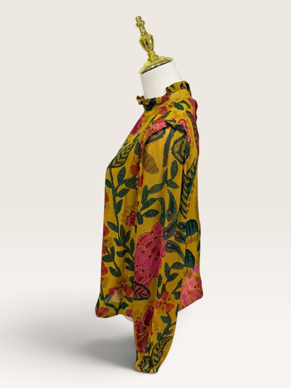 Farm Rio XS Golden Yellow Floral Print Button Back Long Sleeve Blouse EUC Boho - Picture 4 of 13